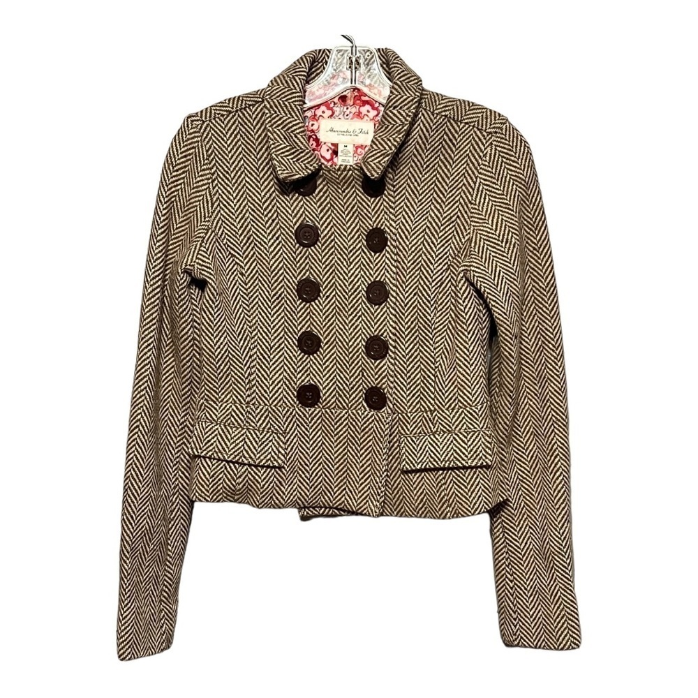 Abercrombie & Fitch Double Breasted Cropped Wool Herringbone Tweed Blazer Medium